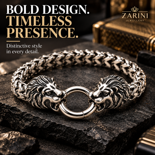 Zarini Men’s Silver-Tone Lion Head Chain Bracelet | Statement Bracelet