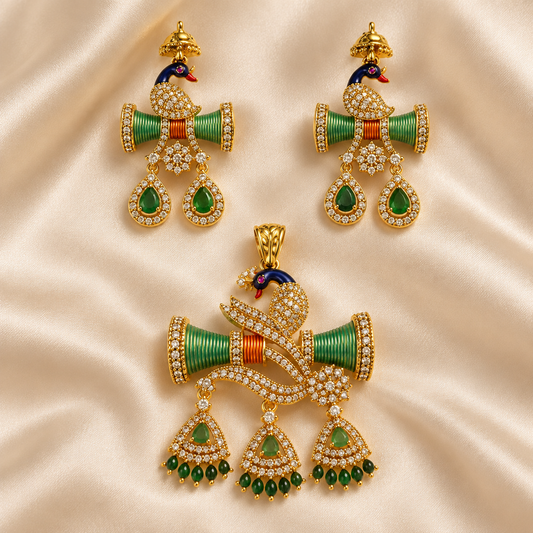ZARINI Mayura Heritage Green Peacock Pendant Set