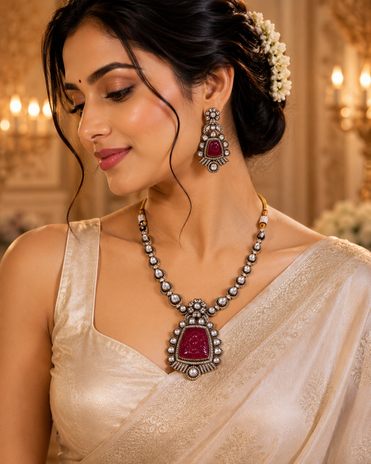 Zarini Gulnaar Ruby-Carved Polki Necklace Set