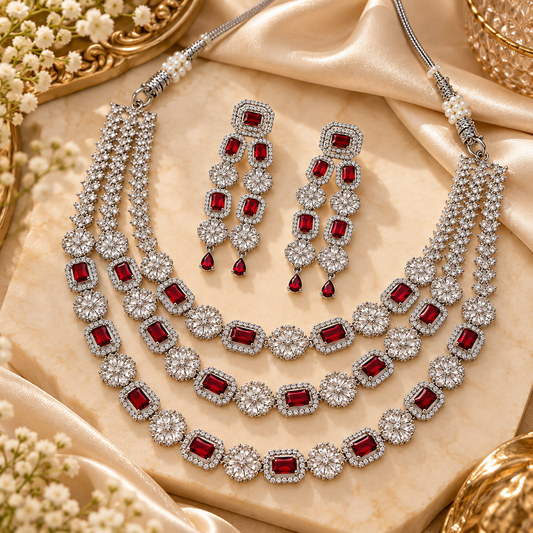 Zarini Ruby Red Crystal Layered Necklace Set with Earrings | Silver-Tone Party Wear Jewellery