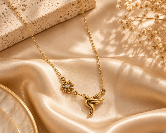 Gold Hummingbird & Flower Necklace for Women | Elegant Nature-Inspired Jewellery