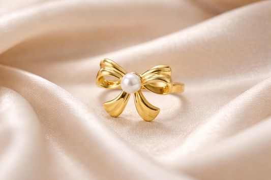 Zarini Gold-Plated Bow Ring – Anti-Tarnish Design with Central Faux Pearl