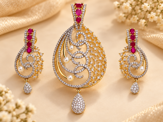 ZARINI Rosé Grace Pink and Pearl-Like Teardrop Pendant Set