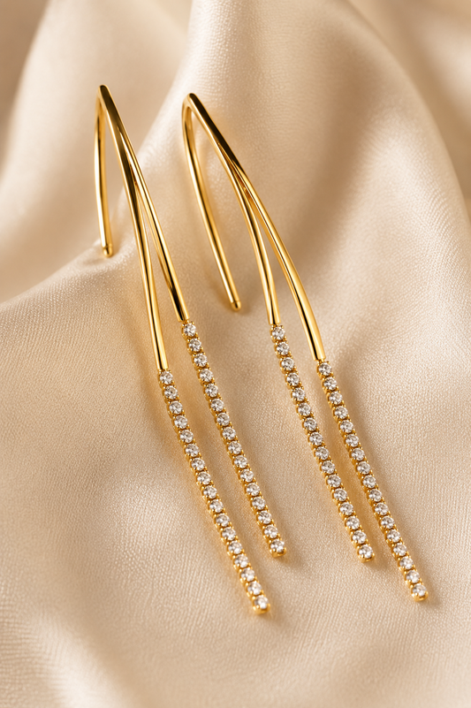 Zarini Gold-Tone Crystal Threader Drop Earrings for Women | Elegant Long Dangle Earrings