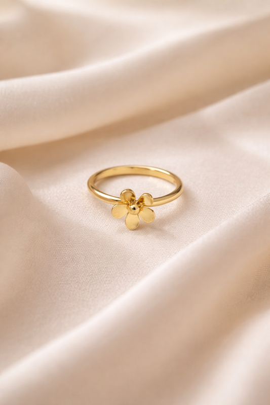 Zarini Sleek Flower Ring Gold Plated Anti Tarnish Minimal Design Showing Floral Motif Detail