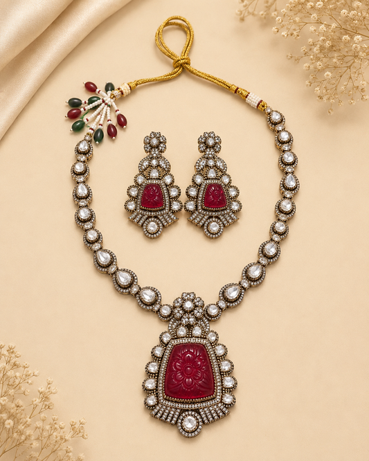 Zarini Gulnaar Ruby-Carved Polki Necklace Set