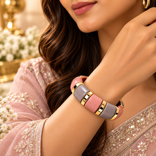 Zarini Pink & Taupe Enamel Bracelet for Women with Gold-Tone Accents