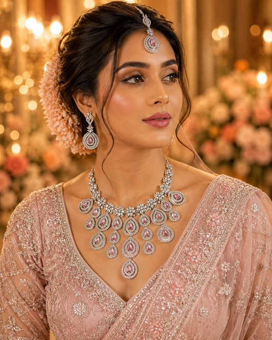 Zarini Blush Pink AD Bridal Necklace Set with Earrings & Maang Tikka