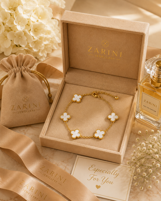 Zarini White Clover Bracelet – Gold Plated Anti-Tarnish Mother-of-Pearl Finish