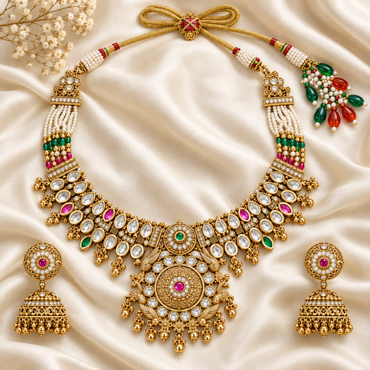 ZARINI Rajwada Grace Antique Gold-Toned Necklace & Jhumka Set