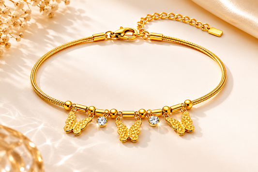 Gold Plated Butterfly Charm Bracelet With Crystal Drops Anti Tarnish Finish Front View