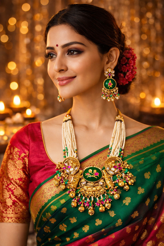 Zarini’s Floral Peacock Pearl Kundan Necklace Set