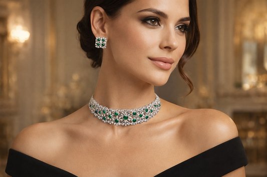 Woman wearing a sparkling necklace and earrings in an elegant setting