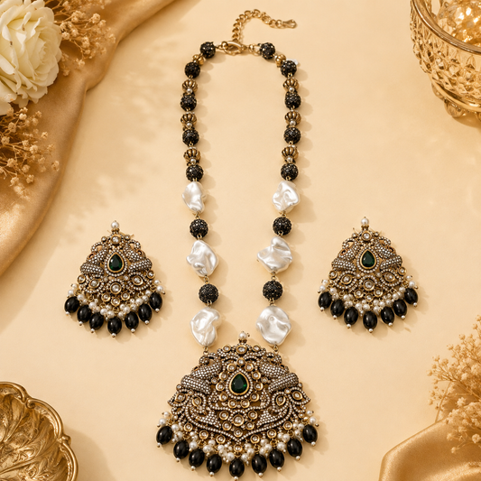 Zarini Inaya Emerald Baroque Pearl Long Necklace Set