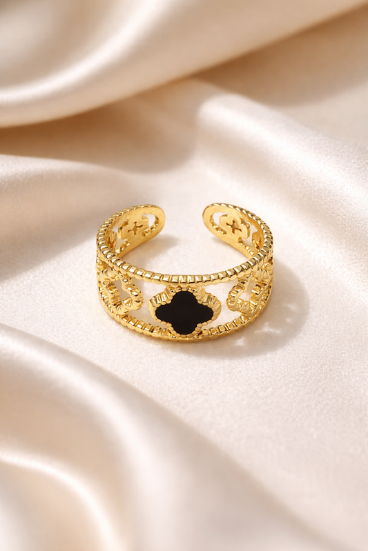 Zarinis Gold Plated Clover Ring Anti Tarnish Open Band Floral Design Front View Showing Clover Motif Center