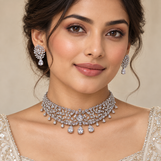 ZARINI Moonlit Vine Silver plated Choker and Earrings Set