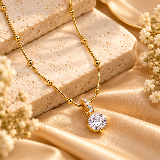 Zarini Gold-Tone Solitaire Pendant Necklace for Women | Crystal Drop Pendant with Beaded Chain