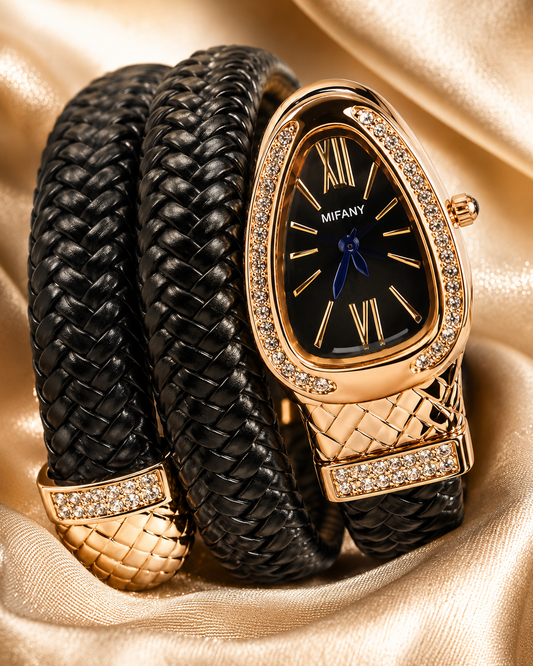 Zarini Luxe Crystal Black Woven Wrap Bracelet Watch for Women | Gold-Tone Designer Oval Dial