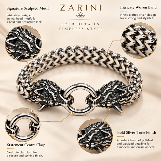 Zarini Silver-Tone Lion Head Chain Bracelet for Men | Bold Statement Jewellery