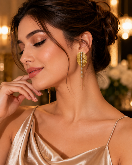 Zarini Gold-Tone Crystal Leaf Drop Earrings for Women | Long Statement Earrings