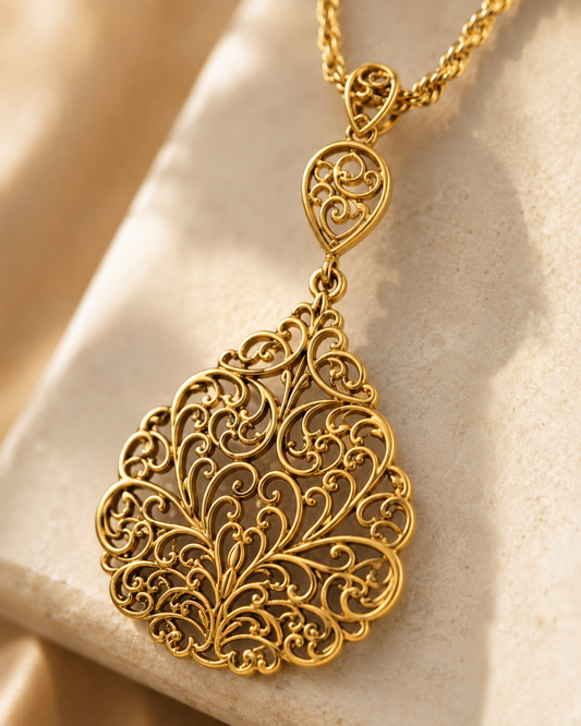 Zarini Avira Antique Gold Filigree Long Pendant Necklace