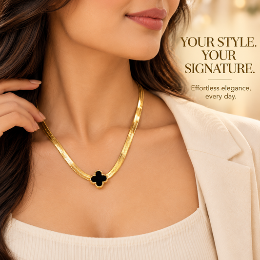 Zarini Black Clover Pendant Necklace for Women | Gold-Tone Herringbone Chain Jewellery