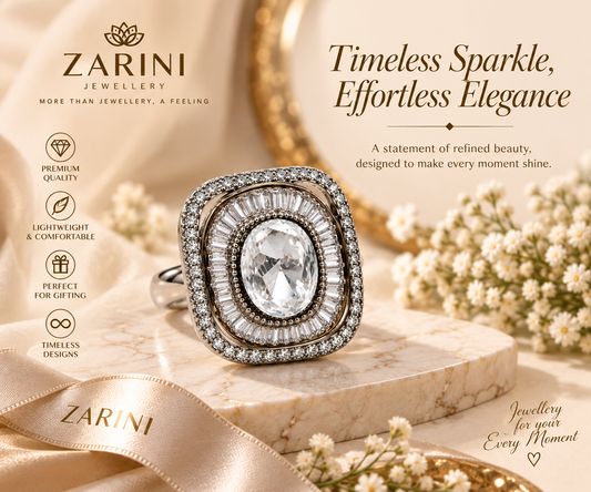 Zarini Silver plated Mossanite Statement Ring | Elegant Designer Cocktail Ring
