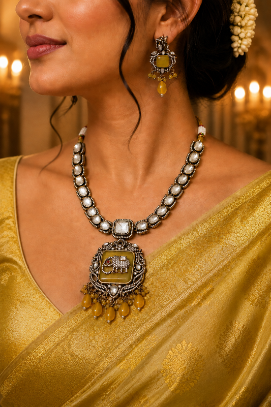 Zarini Aabha Mustard Elephant Kundan Necklace Set