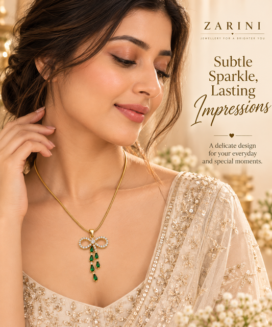 Zarini Emerald Green Bow Pendant Necklace for Women | Crystal Gold-Tone Jeweller