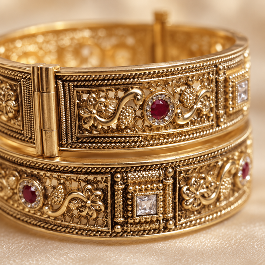 Zarini Antique Gold-Toned Peacock Kada Bangles with Ruby & Clear Stones – Set of 2