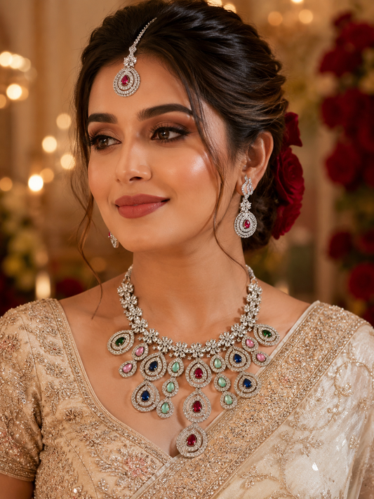 Zarini Royale Multicolor AD Stone Necklace Set with Earrings & Maang Tikka