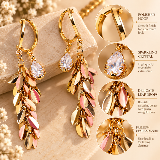 Zarini Gold-Tone Crystal Leaf Drop Earrings | Two-Tone Statement Dangles