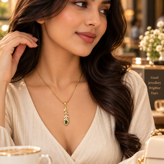 Green Emerald Pendant Necklace for Women | Gold-Tone Crystal Leaf Necklace