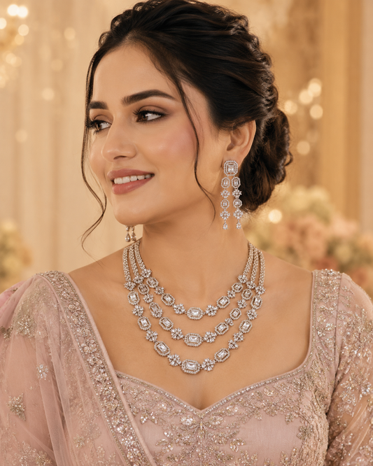Zarini Royale Crystal Teardrop Bridal Necklace Set with Earrings & Maang Tikka