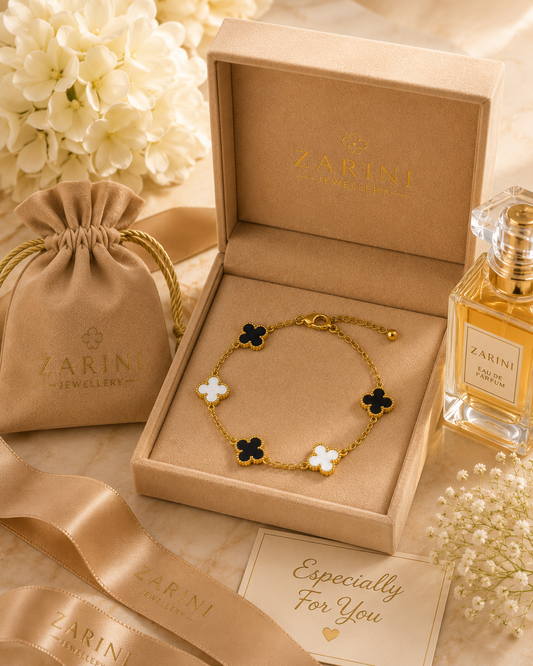 Zarini Black & White Clover Bracelet – Gold Plated Anti-Tarnish Dual-Tone Design