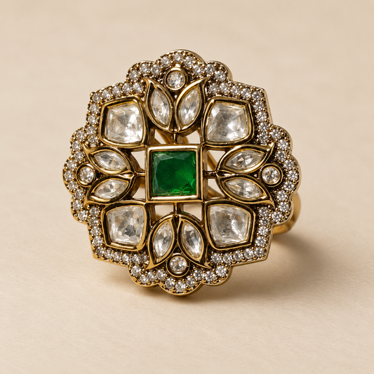 Zarini Gold Plated Emerald Kundan-Inspired Statement Ring | Designer ring