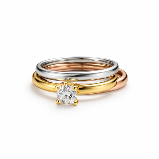 Zarini Trio Ring Set Solitaire Gold Ring With Silver And Rose Gold Plain Bands Anti Tarnish Front View
