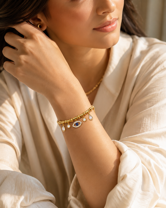 Gold Plated Evil Eye Charm Bracelet – Anti-Tarnish CZ Studded Design