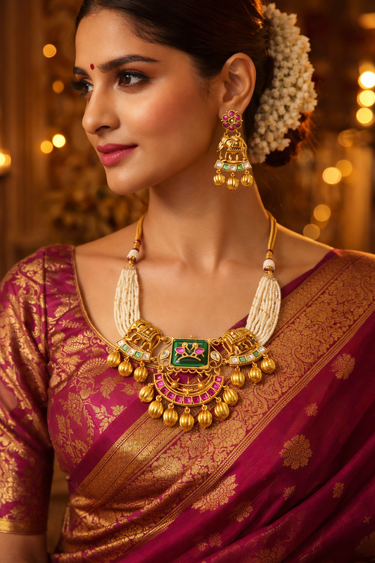 Zarini Royal Elephant Motif Pearl Kundan Necklace Set