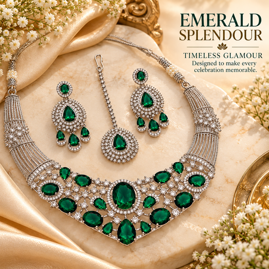 Zarini Emerald Green Crystal Bridal Necklace Set with Earrings & Maang Tikka | Silver-Tone Wedding Jewellery