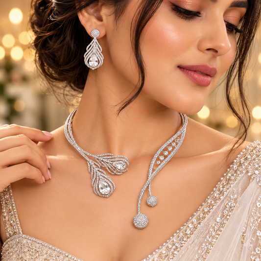 Zarini’s Luxe Crystal Leaf Drop Necklace Set