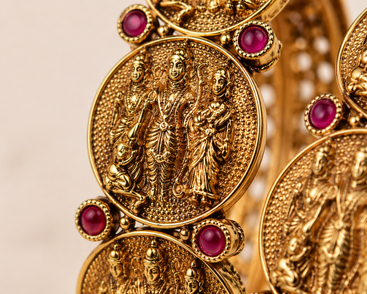Zarini Antique Gold-Toned Ram Parivar Temple Kada Bangles with Ruby Stones – Set of 2