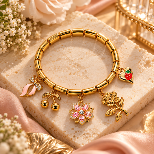 Zarini Gold-Tone Floral Charm Bracelet for Women | Pink Crystal & Strawberry Charm Bracelet