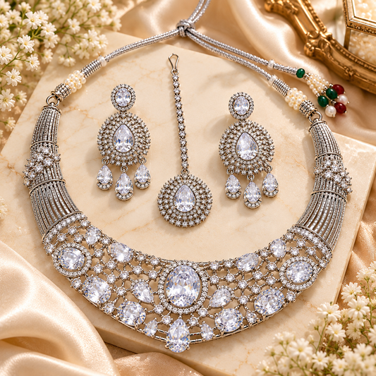 Zarini Silver-Tone White Crystal Bridal Necklace Set with Earrings & Maang Tikka | Wedding Jewellery