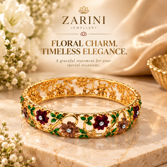 Zarini Gold-Tone Floral Enamel Bangle for Women | Multicolour Statement Bracelet