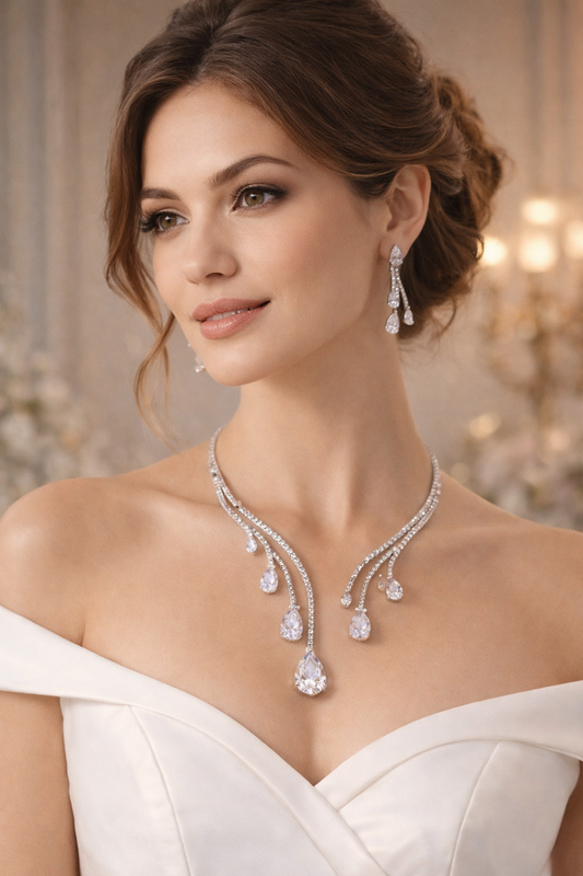 Woman wearing a diamond necklace and earrings with a blurred background