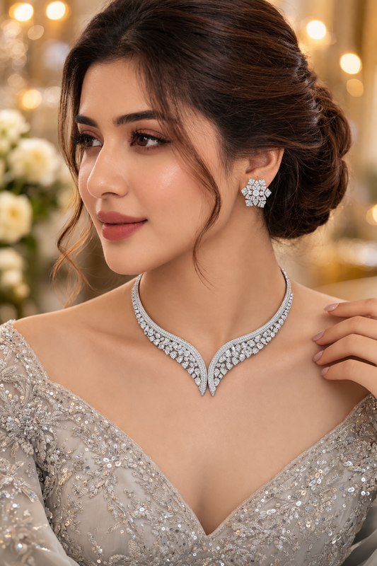 Woman wearing a sparkling silver necklace and earrings with a blurred background