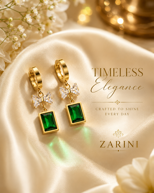 Zarini Gold-Tone Green Stone Bow Drop Earrings for Women | Crystal Hoop Statement Earrings