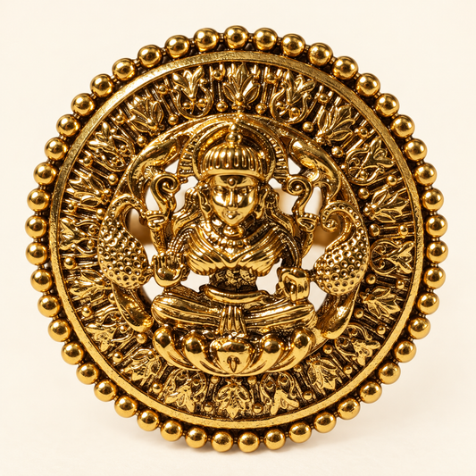 Zarini Gold plated Goddess Lakshmi Statement Ring | Temple Jewellery