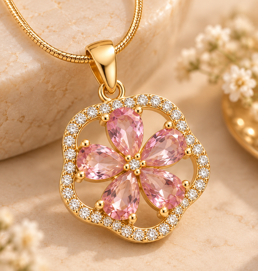 Pink Crystal Floral Pendant Necklace for Women | Elegant Gold-Tone Statement Jewellery